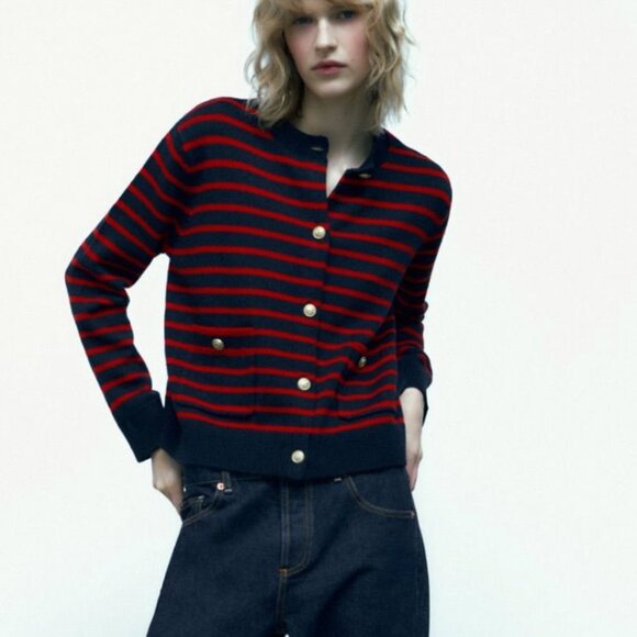 Zara Red and Navy Striped Cardigan size Large - Picture 1 of 4